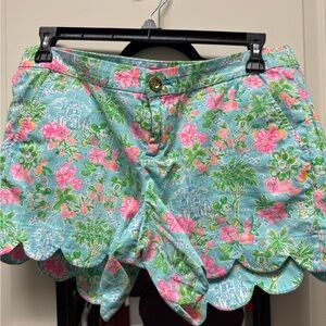 Lilly Pulitzer x Disney. Aqua Floral Scalloped Shorts with Pink & Green Accents